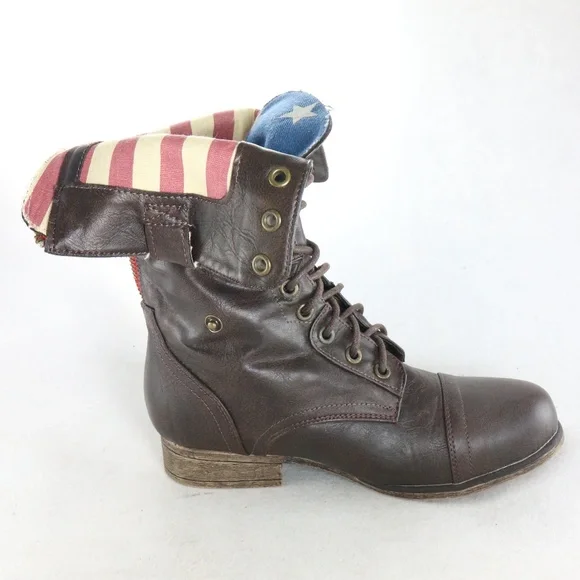 New BAMBOO PAIR of Roll Down USA Flag Combat Boots Sz 5.5 US Women - Picture 5 of 8